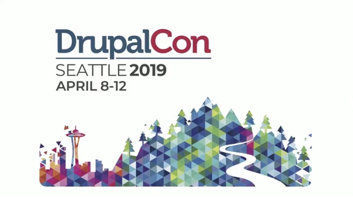 DrupalCon Seattle banner with graphic of skyline, trees and water