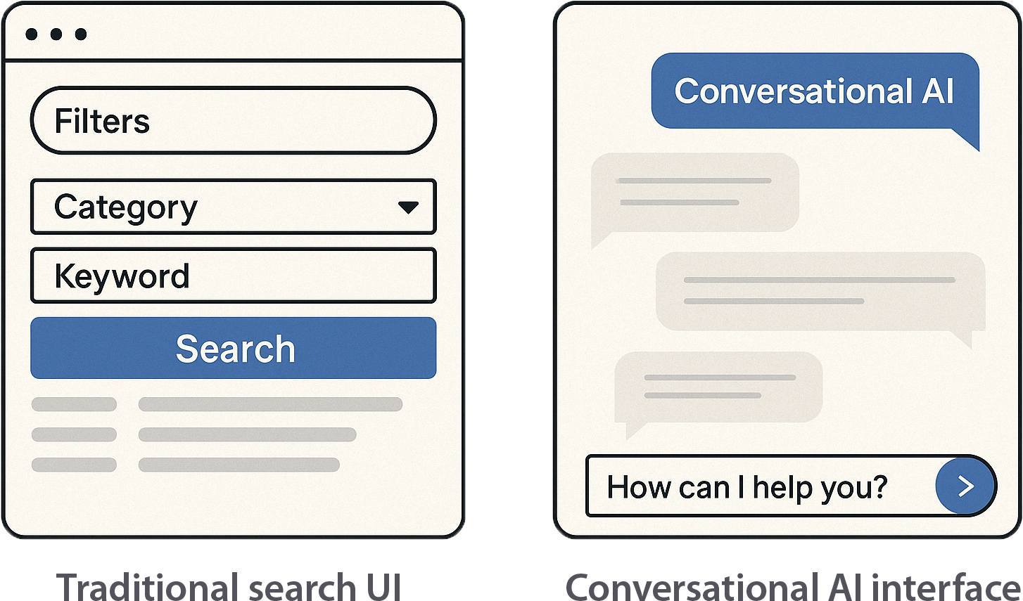 comparing fields and options in a traditional search UI versus the more conversational AI approach