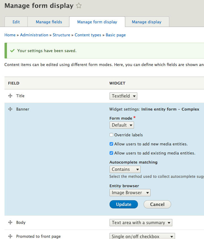 Form display settings screen for banner image entity reference field.