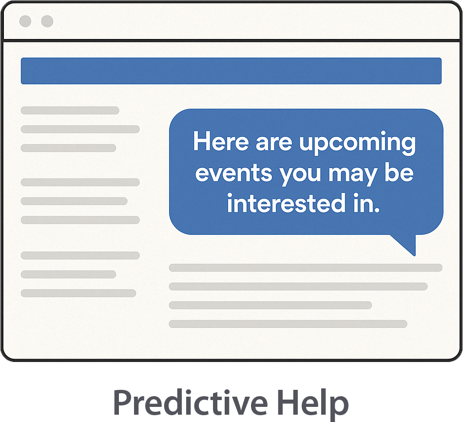 representing predictive help, an icon of a webpage with the words "here are the upcoming events you might be interested in" 