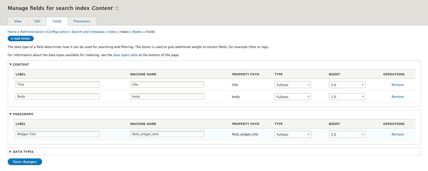 Screenshot of Search API index fields configuration