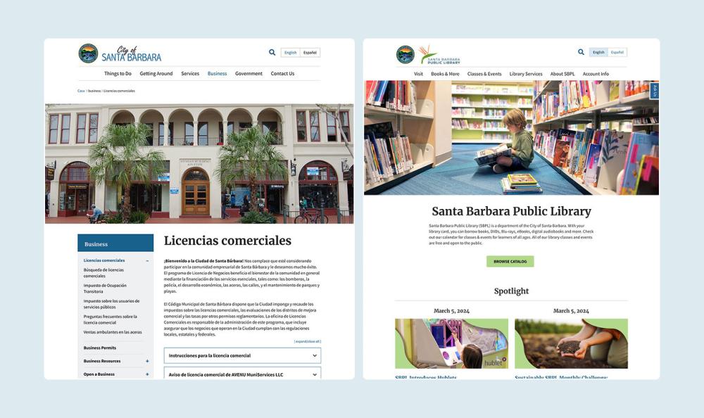 screenshot of library and multilingual site pages