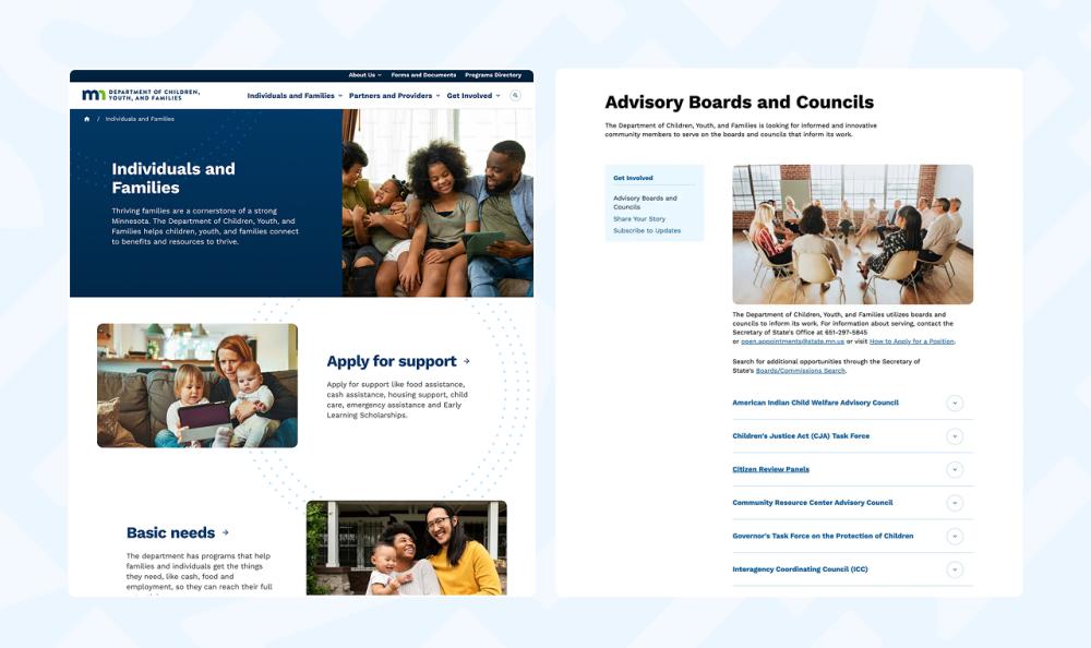 screenshots of DCYF web pages