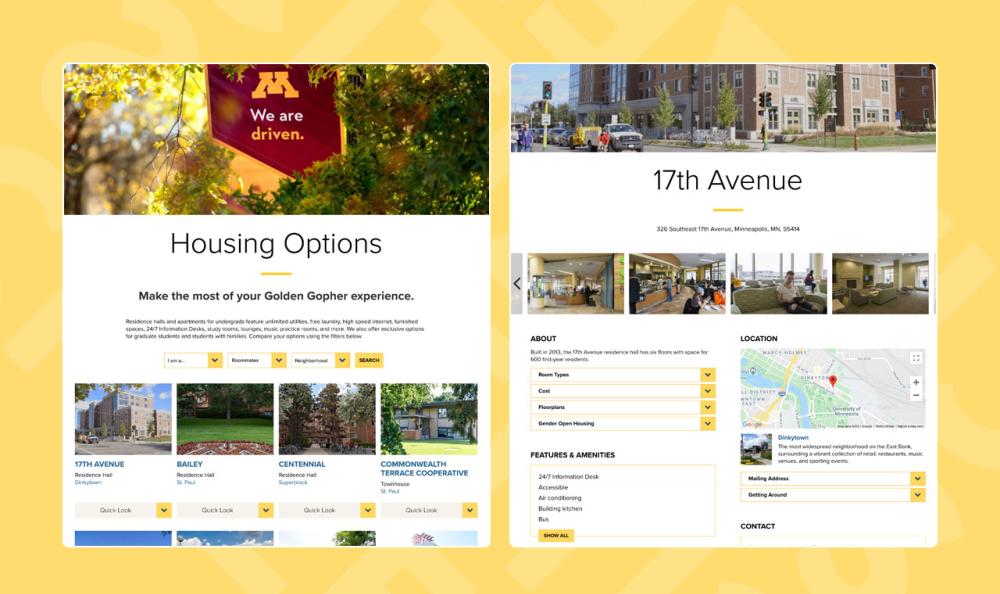 screenshot of webpages from UMN Housing site