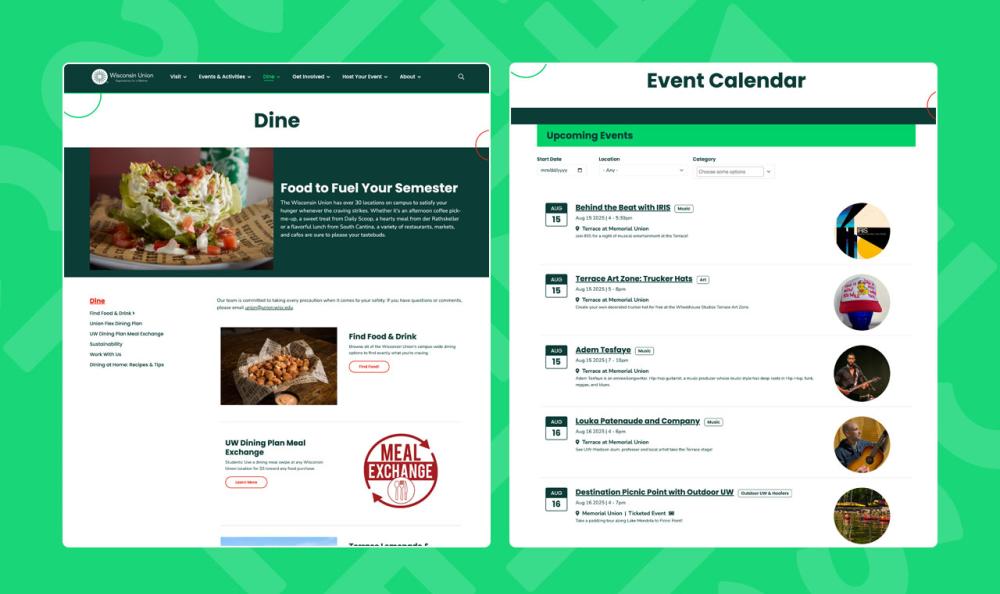 screenshot of UW Union website pages
