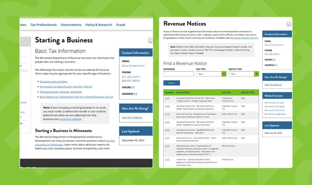 screenshot of interior pages of Revenue website