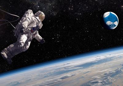 astronaut in full suite doing a spacewalk with a Drupal planet nearby