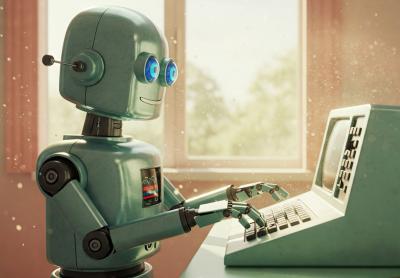 fantastical image showing a retro-style robot typing on a vintage computer