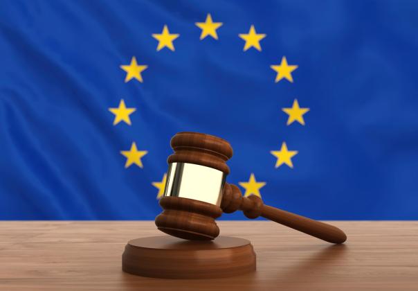 judge gavel on a desk with the European Union flag in the background