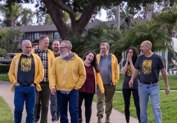 group of team members walking together outside