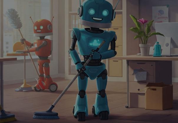 group of colorful robots doing chores in an office space