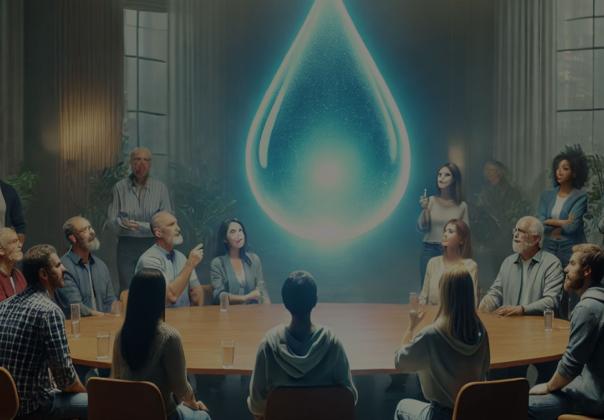 AI-generated image of a group of adult men and women gathered around a conference table where a large glowing "Drop"  of water is hovering