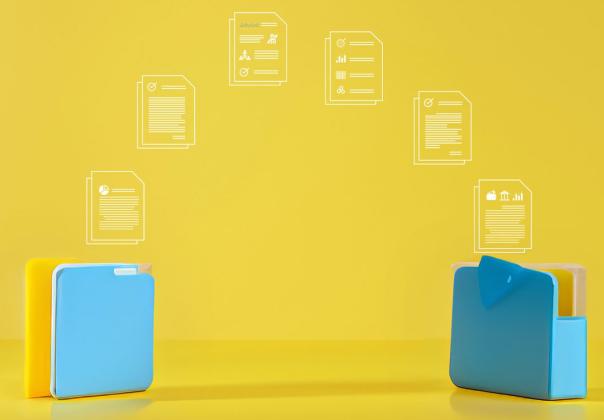 icons of two folders with data passing between them, on a gold background