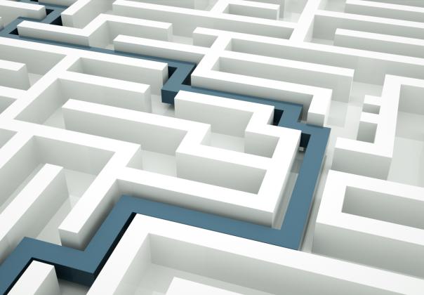 Blue path through a white maze