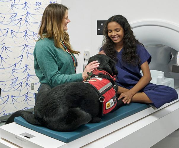 woman getting health care CAT scan with support dog along