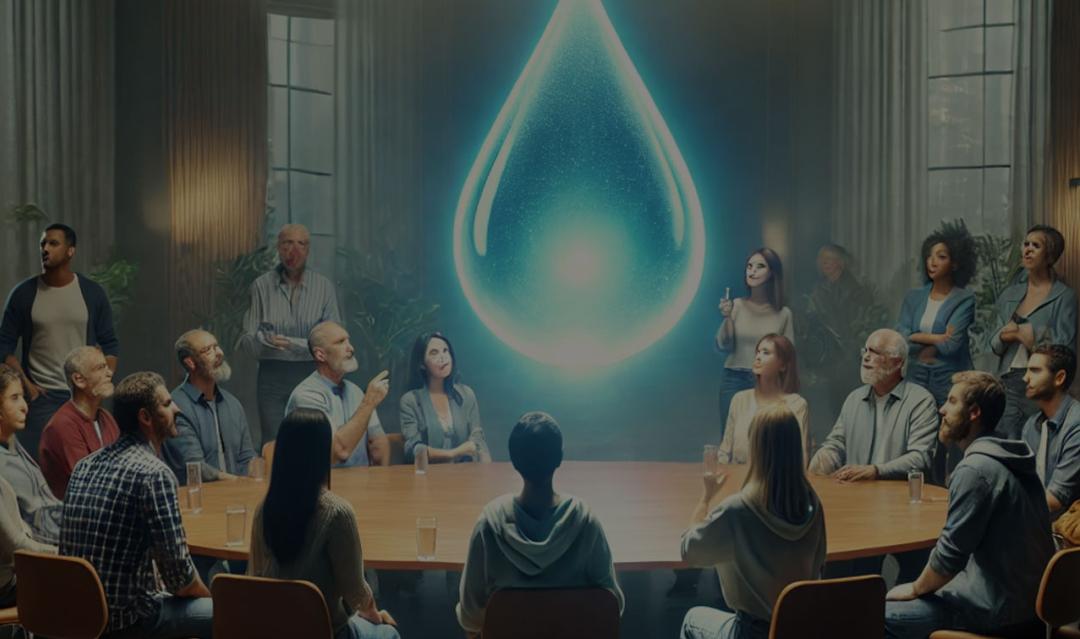 AI-generated image of a group of adult men and women gathered around a conference table where a large glowing "Drop"  of water is hovering