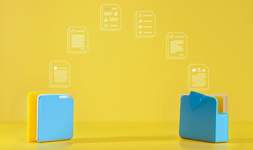 icons of two folders with data passing between them, on a gold background