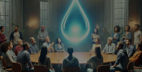 AI-generated image of a group of adult men and women gathered around a conference table where a large glowing "Drop"  of water is hovering