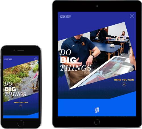 University of Wisconsin Eau Claire website, as seen on a table and mobile device
