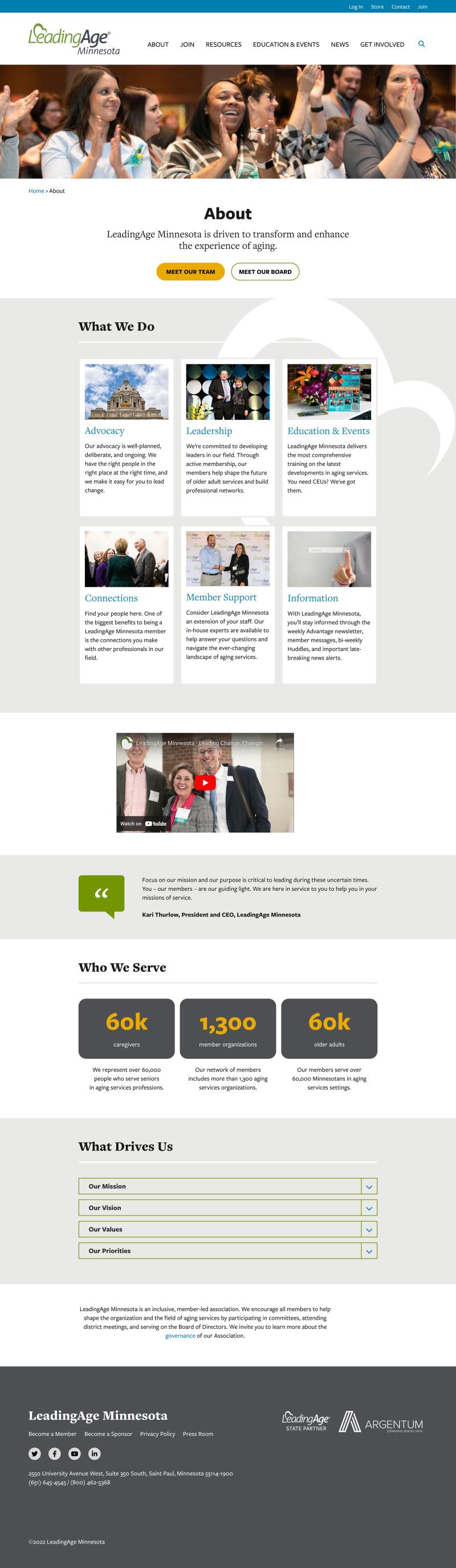 screenshot of the About Us page on LeadingAge MN