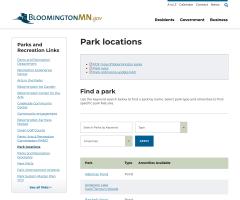 screenshot of parks page on city website