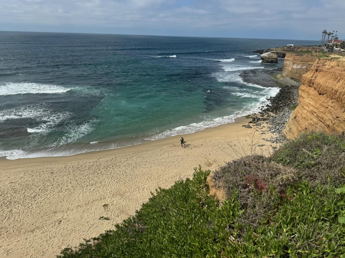 view of beach from the cliffs alongside the ocean