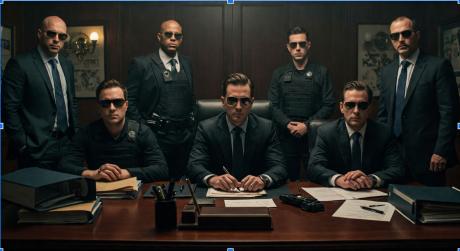 Serious and menacing looking government agents, wearing suits and sunglasses