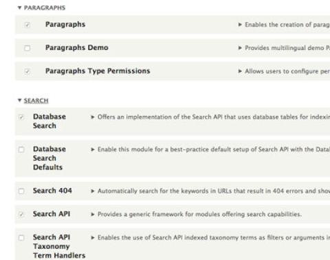 screenshot of search selections in Drupal modules