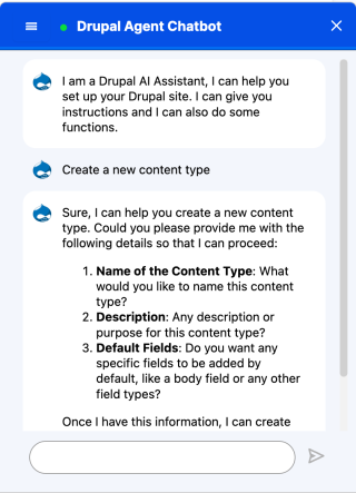 Screenshot of Drupal AI in a popup window on a webpage