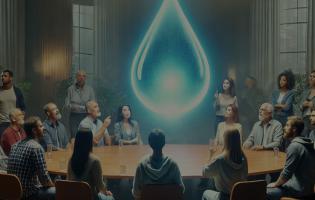 AI-generated image of a group of adult men and women gathered around a conference table where a large glowing "Drop"  of water is hovering