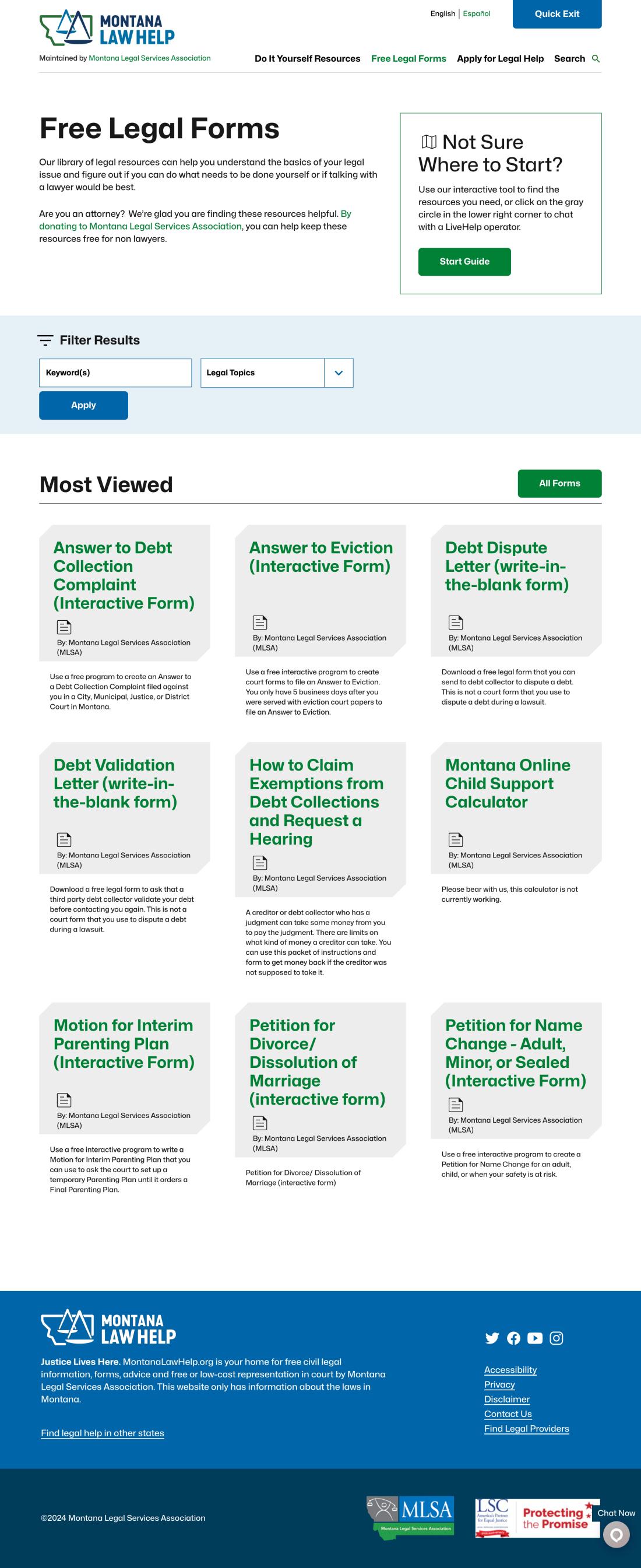 Legal forms page on Montana Law Help website