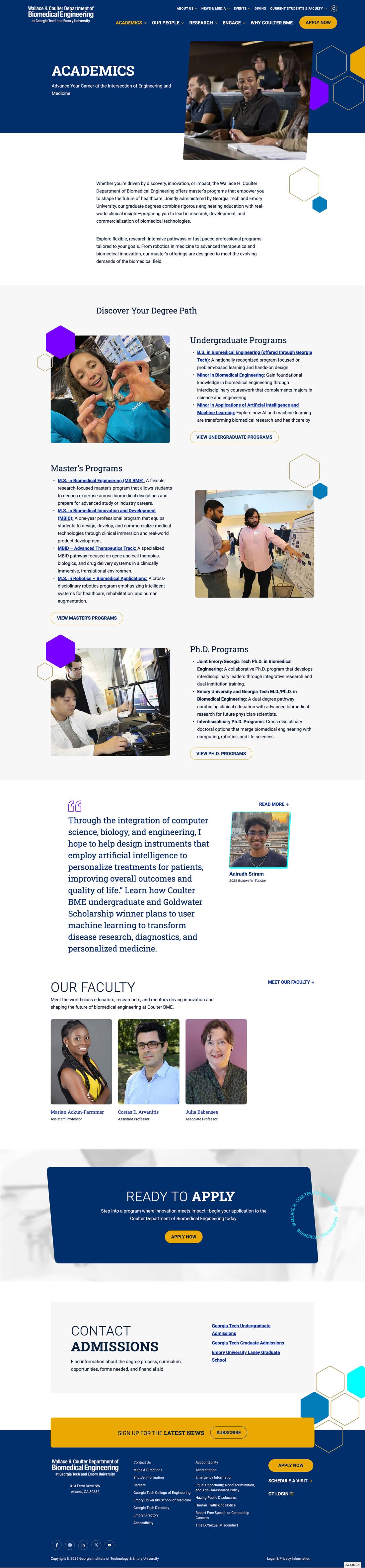 screenshot of BME academics page