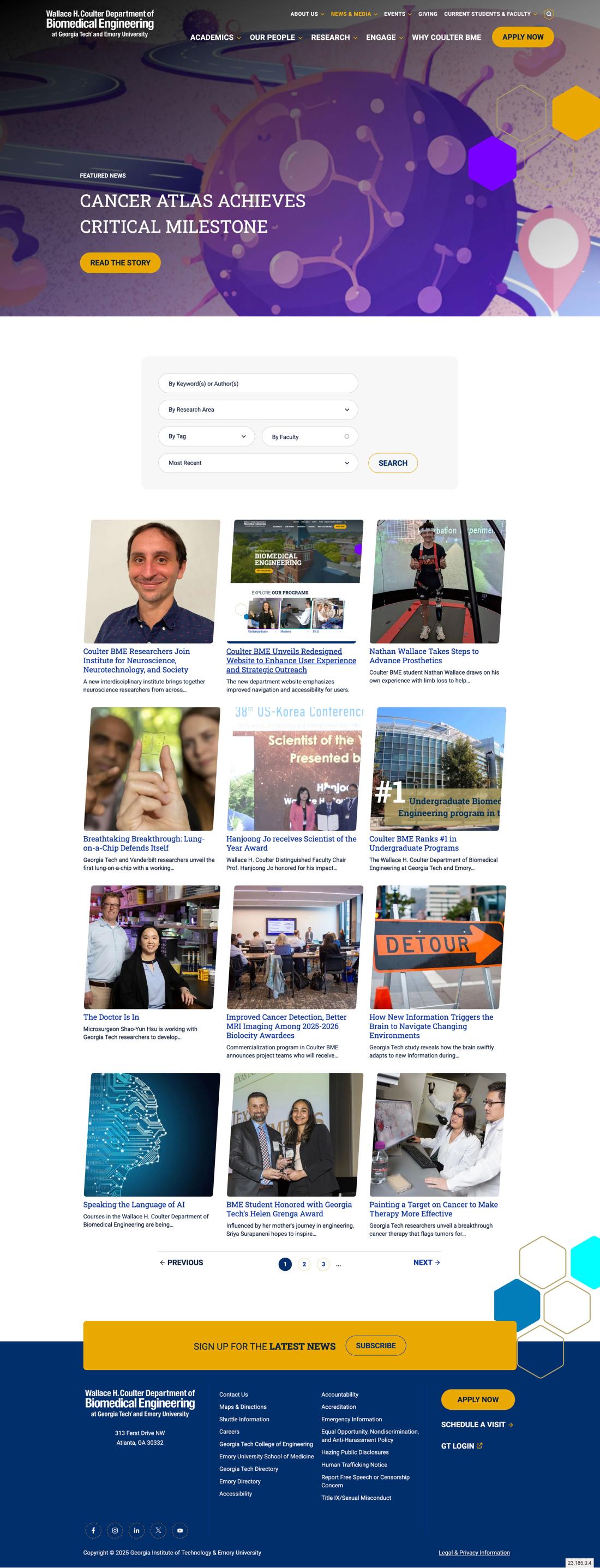 screenshot of BME news page