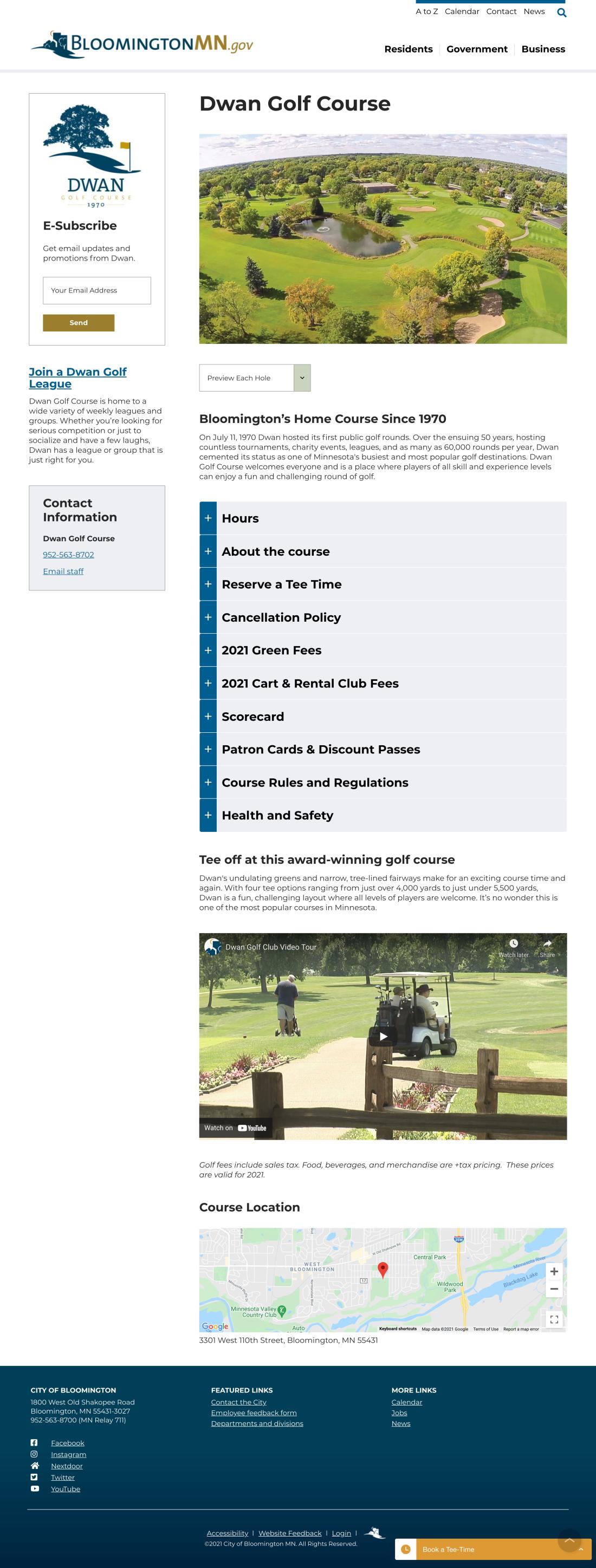 screenshot of golf page on city website