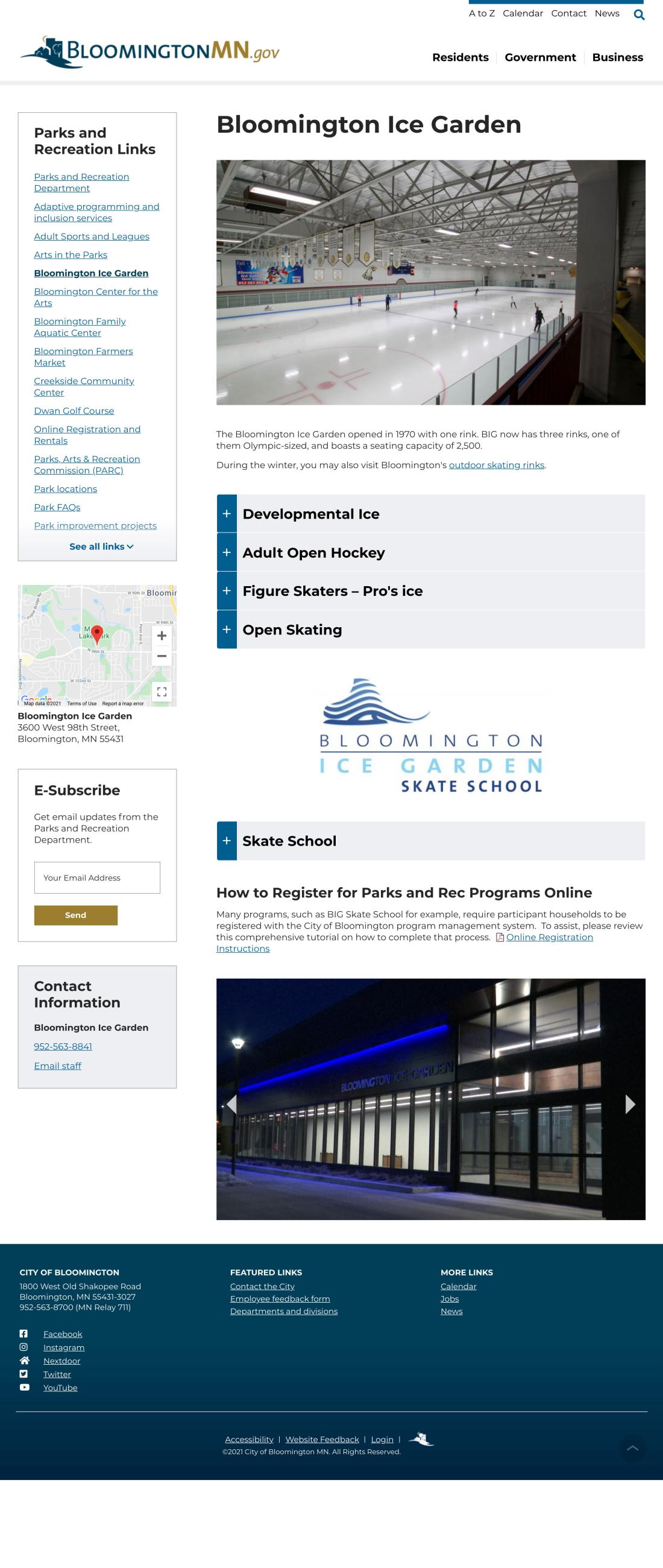 screenshot of ice garden page on city website