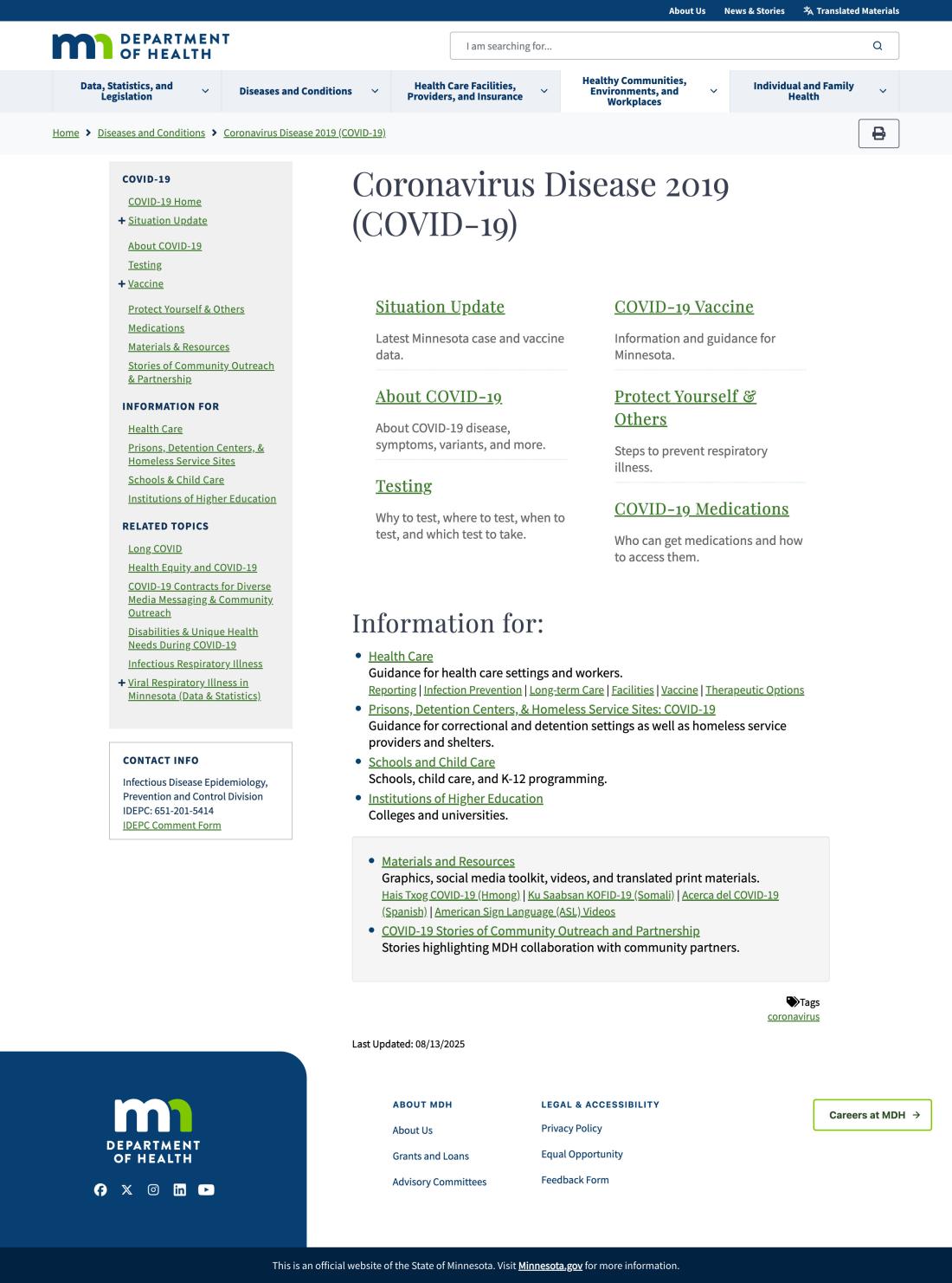 screenshot of MDH Covid landing page