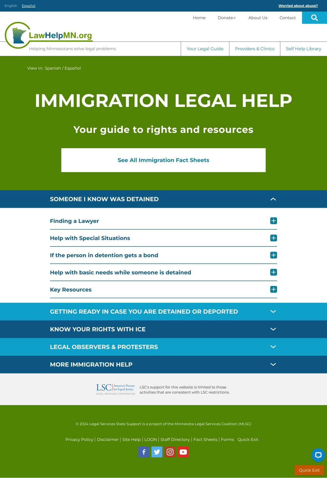 screenshot of immigration legal help webpage