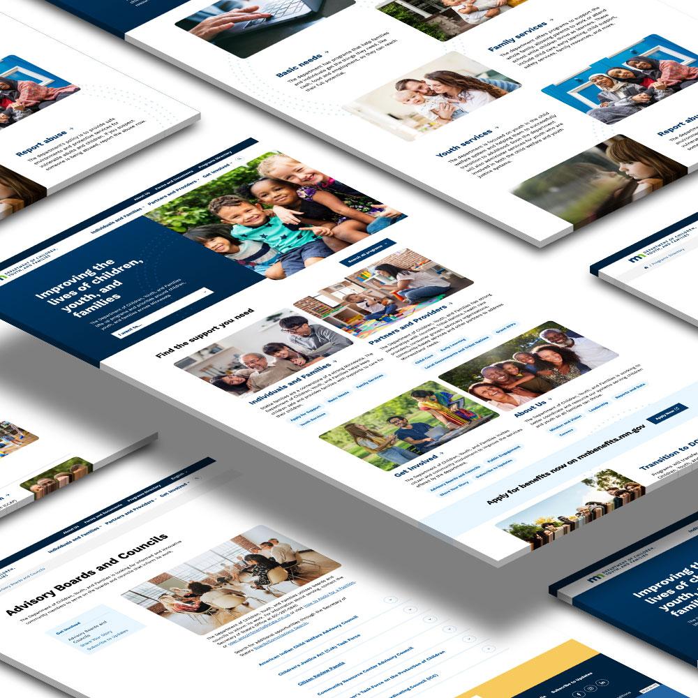 website pages represented in perspective, like printed artwork on boards lying horizontally