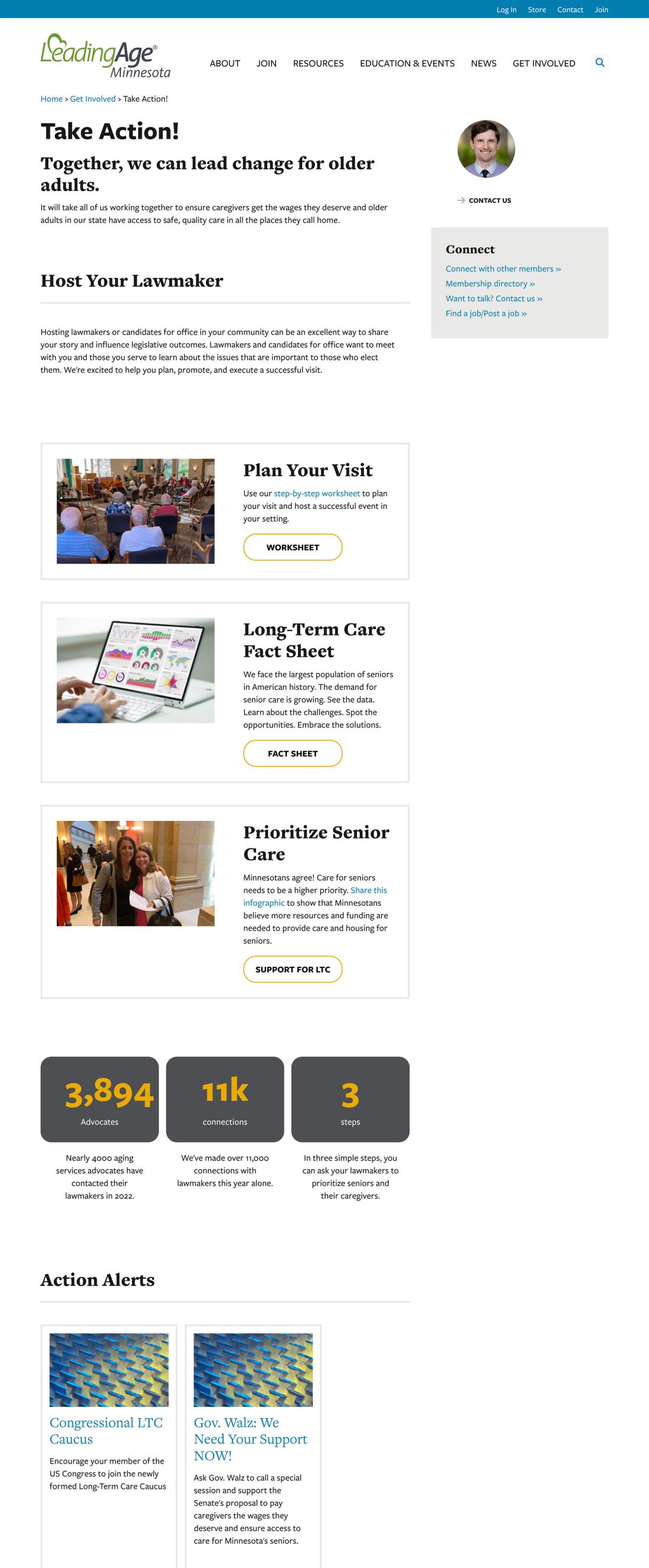 screenshot of the Take Action page on LeadingAge MN