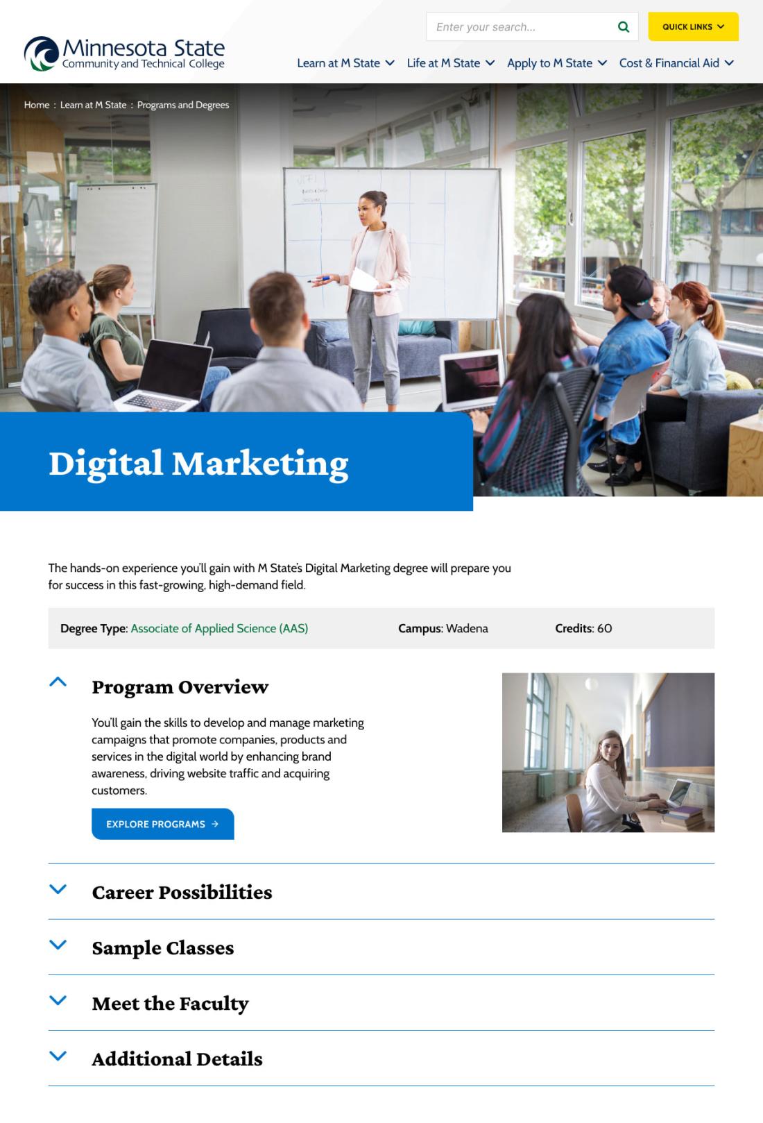 screenshot of MState program page