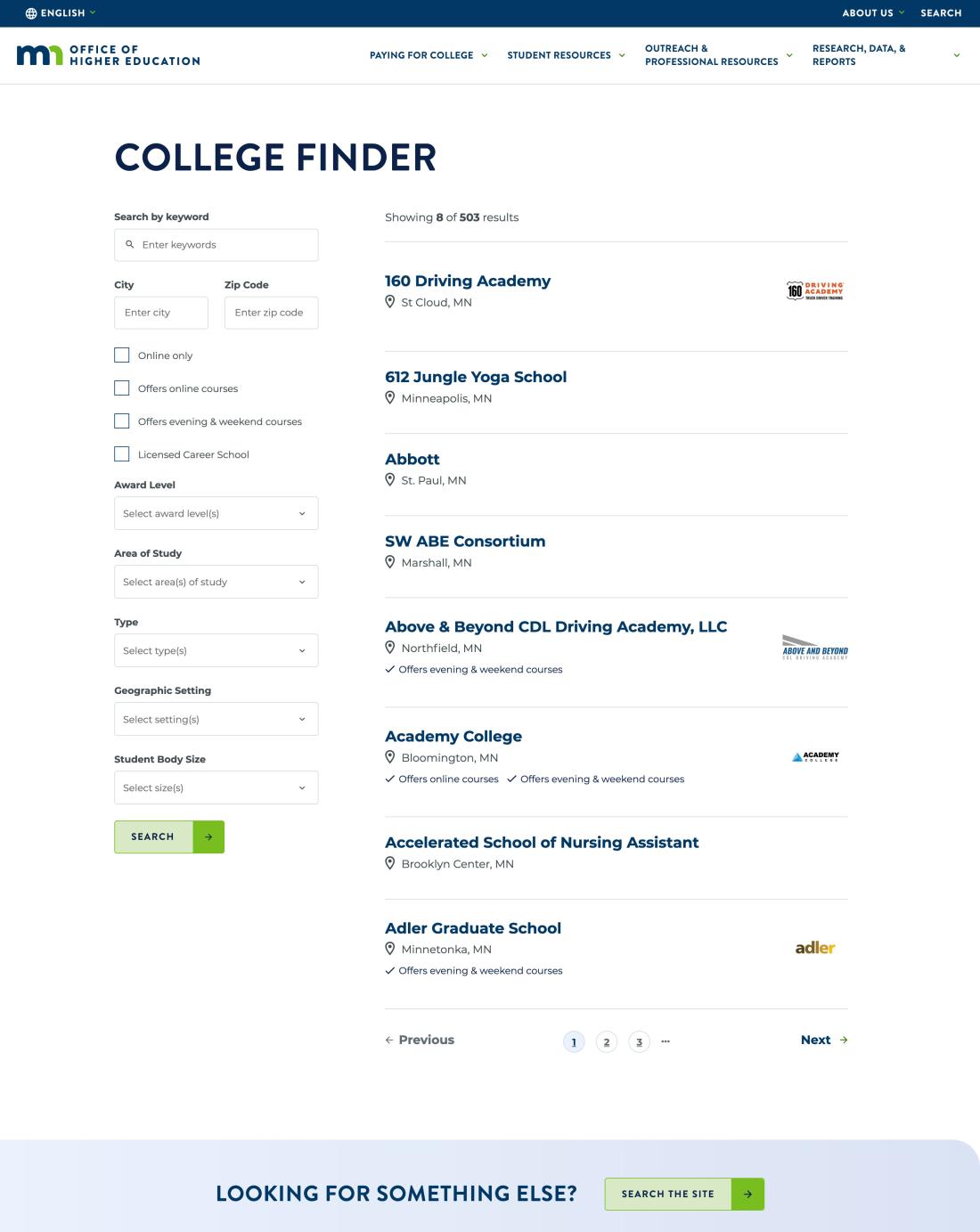 OHE college finder tool, screenshot