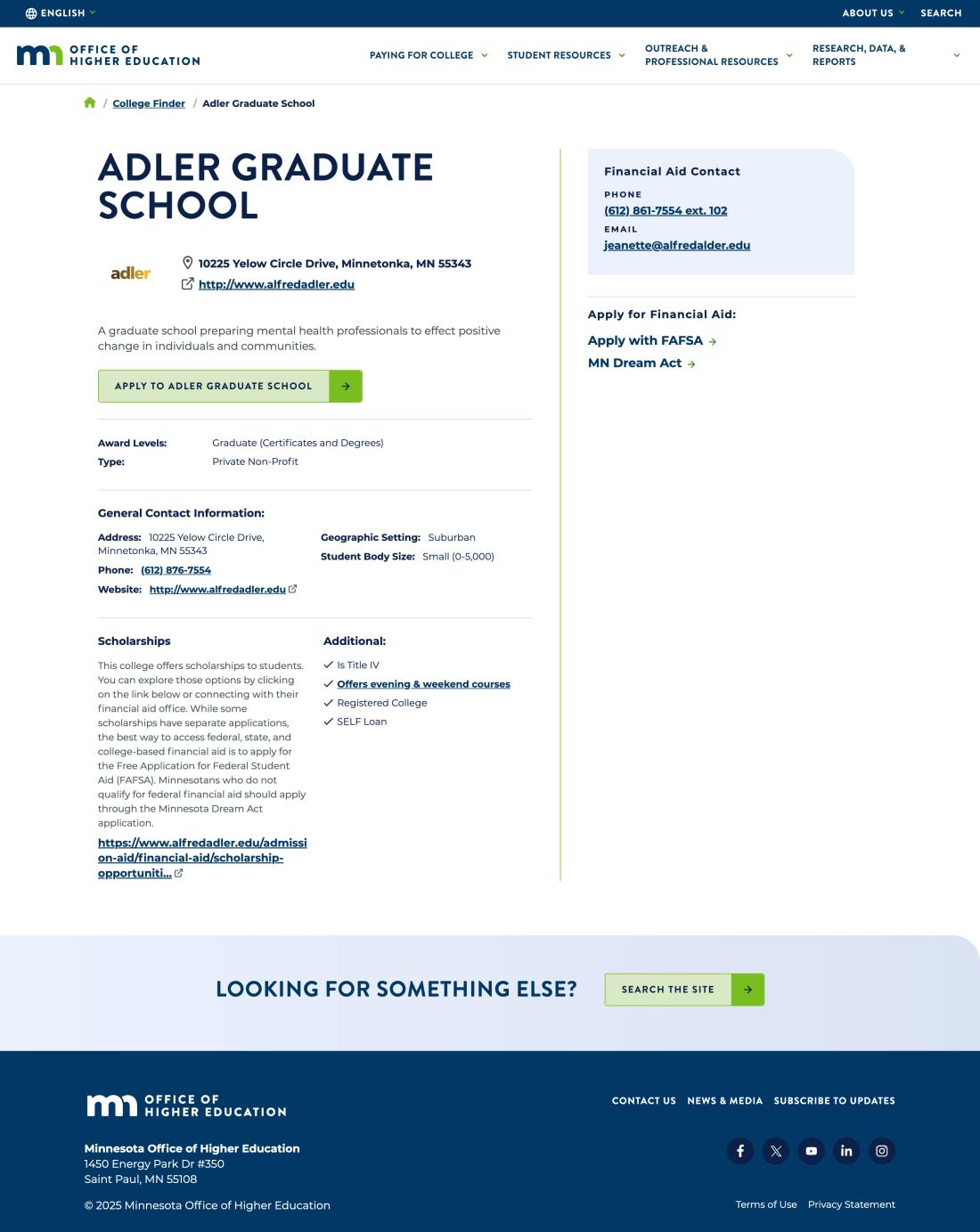 OHE sample college landing page screenshot