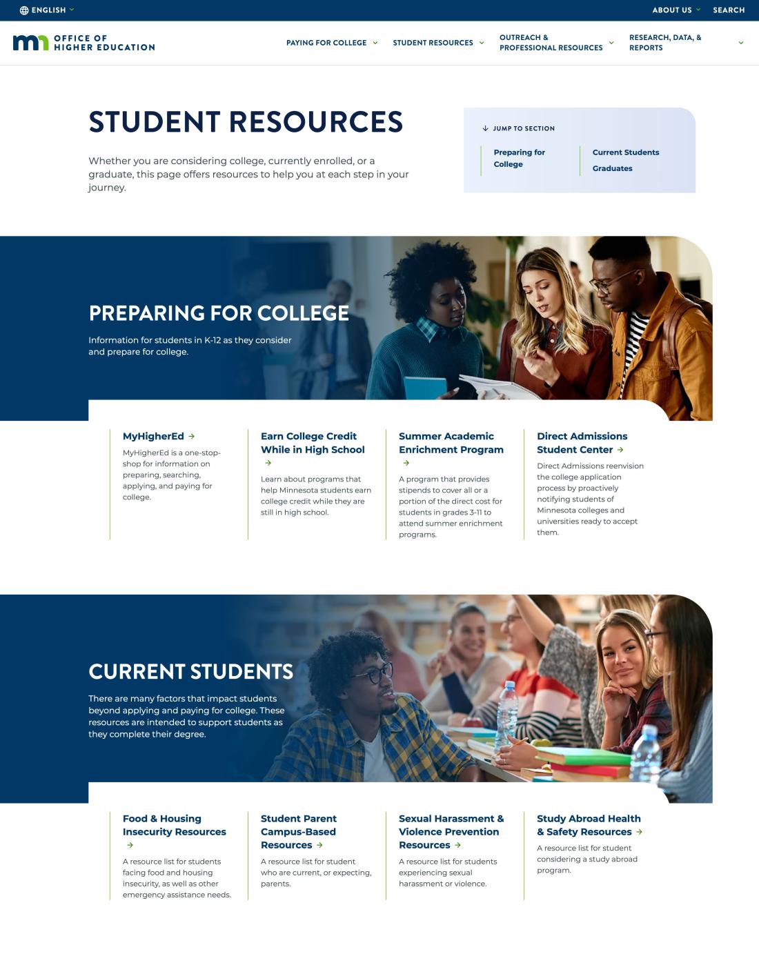 OHE student resources page, screenshot
