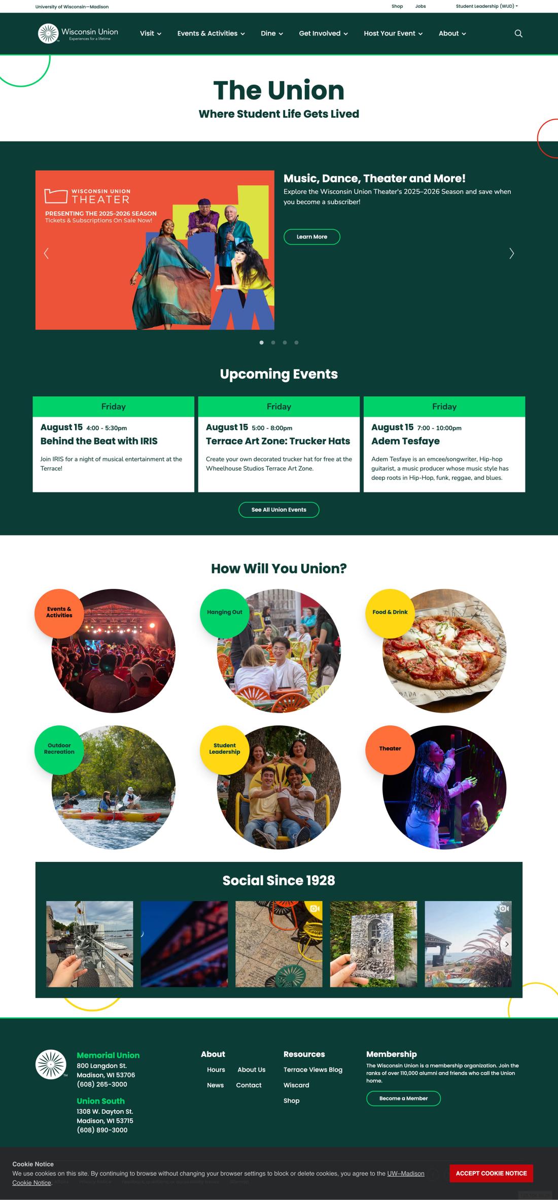 Student union site homepage